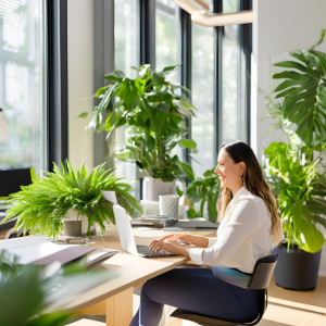 Frau im Büro mit Pflanzen