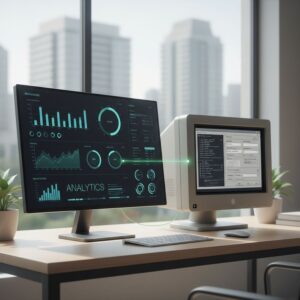 Zwei Monitore auf einem Büroschreibtisch: einer zeigt ein modernes Analyse-Dashboard mit Diagrammen, der andere eine klassische ERP-Oberfläche mit Tabellen und Eingabemasken.