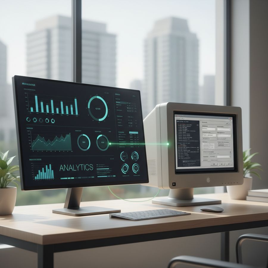 Zwei Monitore auf einem Büroschreibtisch: einer zeigt ein modernes Analyse-Dashboard mit Diagrammen, der andere eine klassische ERP-Oberfläche mit Tabellen und Eingabemasken.