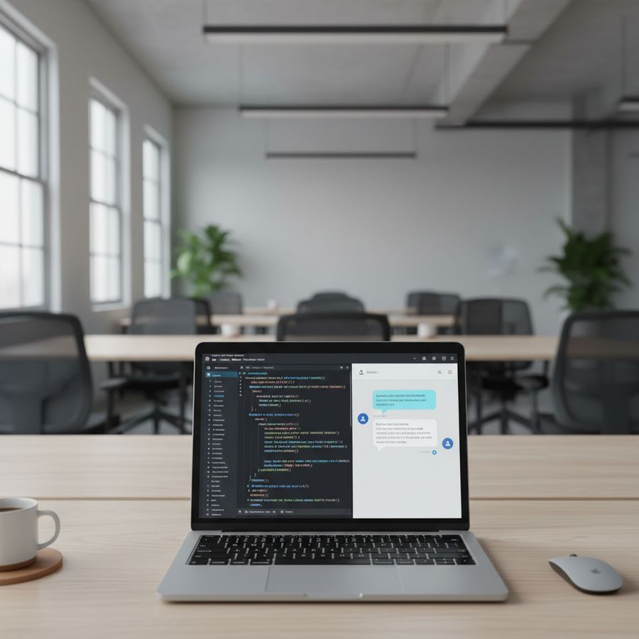 Moderner Büroarbeitsplatz mit Laptop, auf dem ein Code-Editor und ein KI-Assistent geöffnet sind, im Hintergrund ein offenes Großraumbüro mit weiteren Arbeitsplätzen.